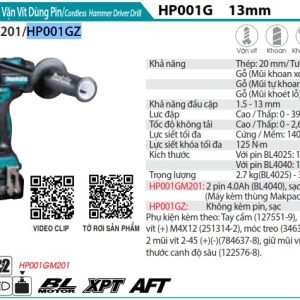 Makita HP001GZ MÁY KHOAN BÚA VÀ VẶN VÍT DÙNG PIN(BL)(40 (không kèm pin sạc)