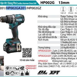 Makita HP002GA201 MÁY KHOAN BÚA VÀ VẶN VÍT DÙNG PIN(BL)(40 (kèm 02 pin 2.0+ sạc nhanh)