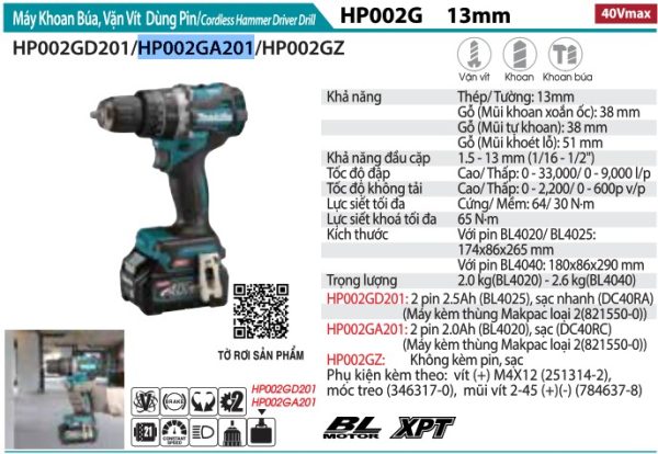 Makita HP002GA201 MÁY KHOAN BÚA VÀ VẶN VÍT DÙNG PIN(BL)(40 (kèm 02 pin 2.0+ sạc nhanh)