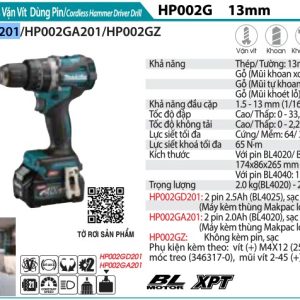 Makita HP002GD201 MÁY KHOAN BÚA VÀ VẶN VÍT DÙNG PIN(BL)(40 (kèm 02 pin 2.5 Ah + sạc)