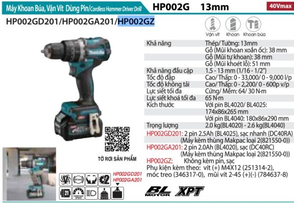 Makita HP002GZ MÁY KHOAN BÚA VÀ VẶN VÍT DÙNG PIN(BL)(40 (không kèm pin sạc)