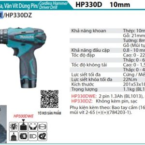 Makita HP330DWE MÁY KHOAN BÚA, VẶN VÍT DÙNG PIN(10.8V) (kèm 02 pin 1.5AH + sạc)