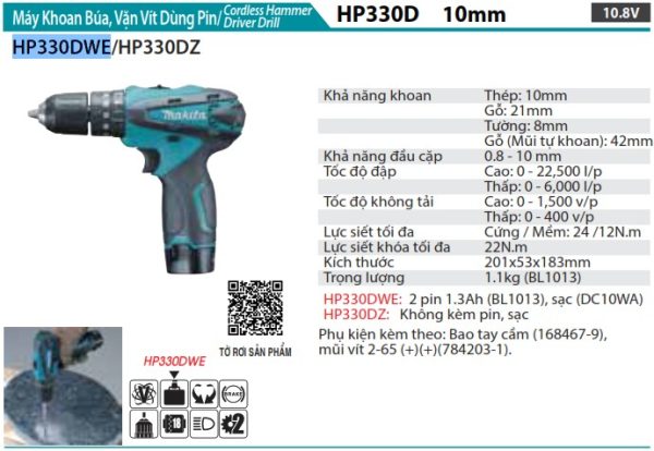 Makita HP330DWE MÁY KHOAN BÚA, VẶN VÍT DÙNG PIN(10.8V) (kèm 02 pin 1.5AH + sạc)