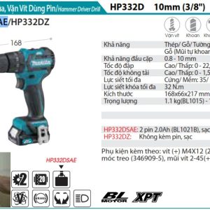 Makita HP332DSAE MÁY KHOAN BÚA, VẶN VÍT DÙNG PIN(BL) (kèm 02 pin 2.0 + sạc)