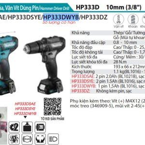 Makita HP333DWYB MÁY KHOAN BÚA VÀ VẶN VÍT DÙNG PIN(12V MA (kèm 01 pin + 1 sạc)