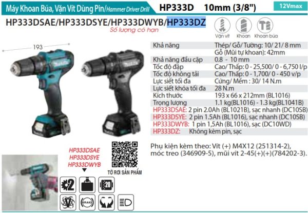 Makita HP333DZ MÁY KHOAN BÚA VÀ VẶN VÍT DÙNG PIN(12V MA (không kèm pin sạc)