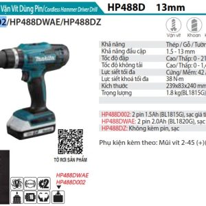 Makita HP488D002 MÁY KHOAN BÚA, VẶN VÍT DÙNG PIN (kèm 02 pin 1.5 + sạc)