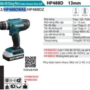 Makita HP488DWAE MÁY KHOAN BÚA, VẶN VÍT DÙNG PIN (kèm 02 pin 2.0 + sạc)