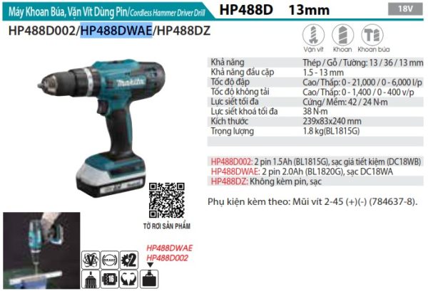 Makita HP488DWAE MÁY KHOAN BÚA, VẶN VÍT DÙNG PIN (kèm 02 pin 2.0 + sạc)