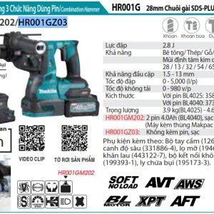 Makita HR001GZ03 MÁY KHOAN BÊ TÔNG 3 CHỨC NĂNG DÙNG PIN( (không kèm pin sạc)