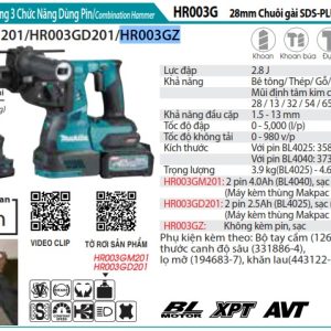 Makita HR003GM201 MÁY KHOAN BÊ TÔNG 3 CHỨC NĂNG DÙNG PIN (kèm 02 pin 4.0Ah + sạc nhanh)