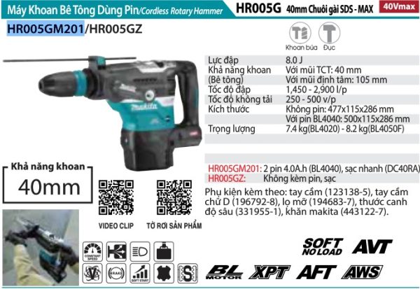 Makita HR005GM201 MÁY KHOAN BÊ TÔNG DÙNG PIN(CHUÔI GÀI SD (kèm 02 pin 4.0Ah + sạc nhanh)