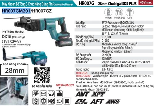 Makita HR007GM201 MÁY KHOAN BÊ TÔNG 3 CHỨC NĂNG DÙNG PIN (kèm 02 pin 4.0Ah + sạc nhanh)