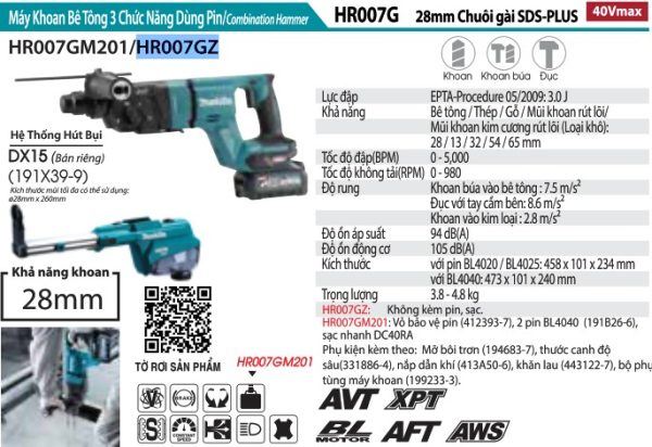 Makita HR007GZ MÁY KHOAN BÊ TÔNG 3 CHỨC NĂNG DÙNG PIN (không kèm pin sạc)