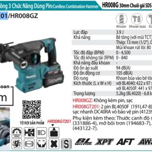 Makita HR008GT201 MÁY KHOAN BÊ TÔNG 3 CHỨC NĂNG DÙNG PIN( (kèm 02 pin 5.0 + sạc nhanh)