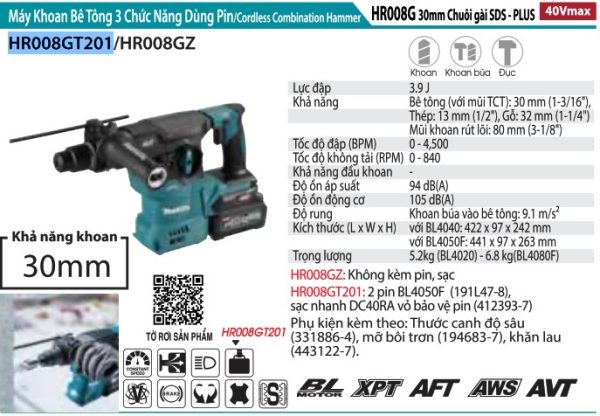 Makita HR008GT201 MÁY KHOAN BÊ TÔNG 3 CHỨC NĂNG DÙNG PIN( (kèm 02 pin 5.0 + sạc nhanh)