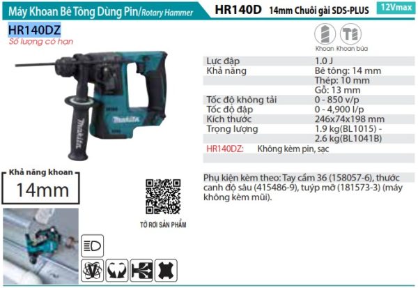 Makita HR140DZ MÁY KHOAN BÊ TÔNG DÙNG PIN (không kèm pin sạc)