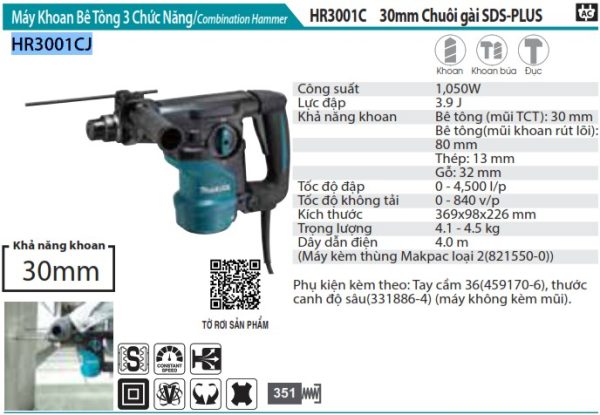 Makita HR3001CJ MÁY KHOAN BÊ TÔNG 3 CHỨC NĂNG