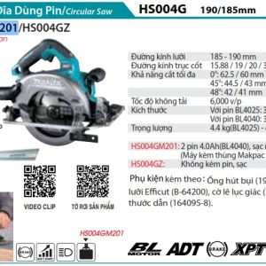 Makita HS004GM201 MÁY CƯA ĐĨA DÙNG PIN(190MM/CÓ THỂ GẮN TR (kèm 02 pin 4.0Ah + sạc nhanh)