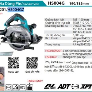 Makita HS004GZ MÁY CƯA ĐĨA DÙNG PIN(190MM/CÓ THỂ GẮN TR (không kèm pin sạc)