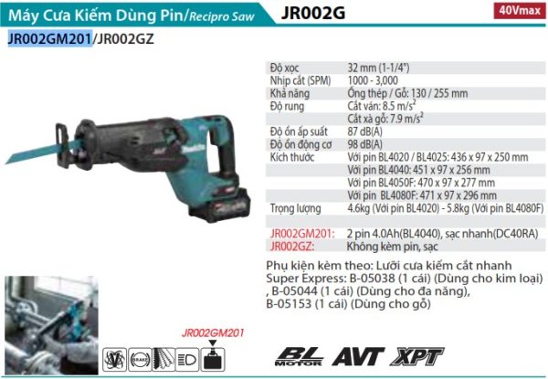 Makita JR002GM201 MÁY CƯA KIẾM DÙNG PIN(BL)(40V MAX) (kèm 2 pin 4.0+ sạc nhanh)