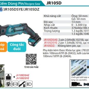 Makita JR105DSAE MÁY CƯA KIẾM DÙNG PIN(12V MAX) (kèm 02 pin 2.0 + sạc)