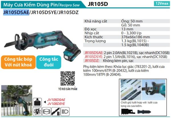 Makita JR105DSAE MÁY CƯA KIẾM DÙNG PIN(12V MAX) (kèm 02 pin 2.0 + sạc)