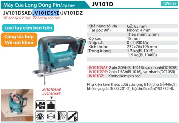 Makita JV101DSYE MÁY CƯA LỌNG DÙNG PIN(12V MAX) (kèm 02 pin 1.5AH + sạc)