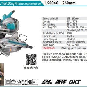 Makita LS004GZ MÁY CƯA ĐA GÓC TRƯỢT DÙNG PIN(260MM/AWS/ (không kèm pin sạc)