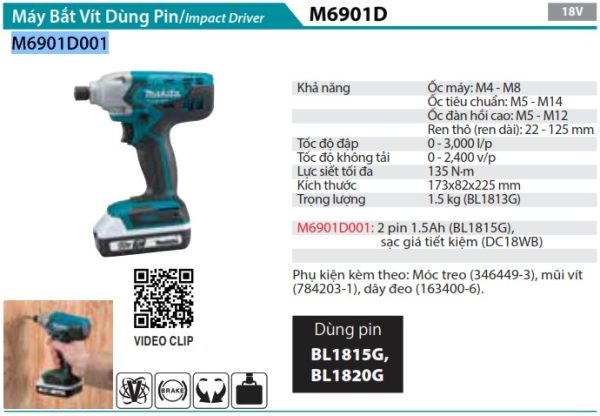 Makita M6901D001 MÁY BẮT VÍT DÙNG PIN (kèm 02 pin + sạc)