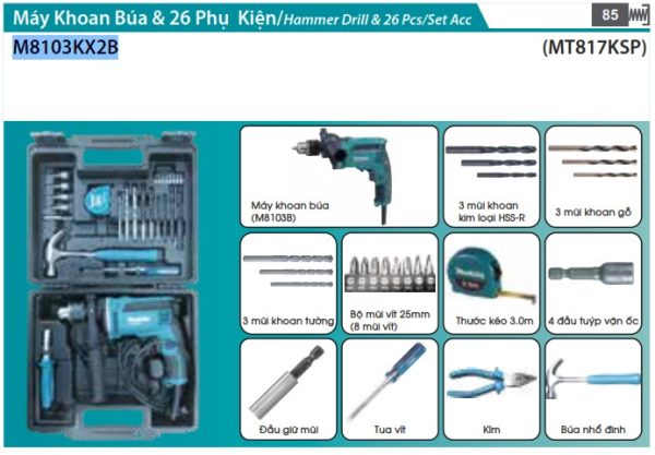 Makita M8103KX2B MÁY KHOAN BÚA(13MM)(26 CÁI PHỤ  KIỆN)