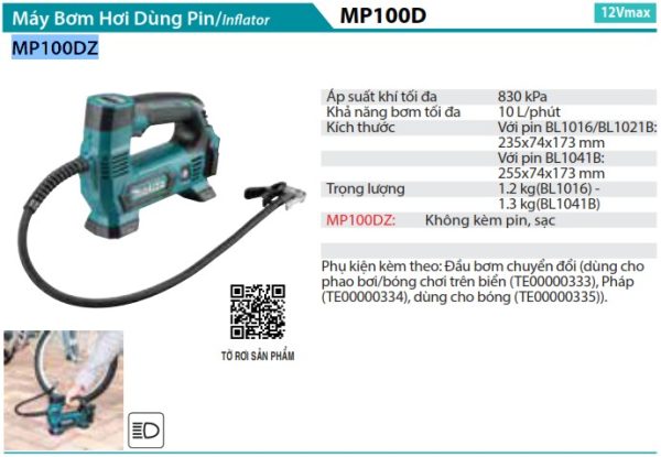 Makita MP100DZ MÁY BƠM HƠI DÙNG PIN(12V MAX) (không kèm pin sạc)