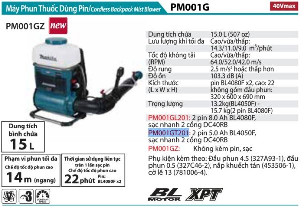 Makita PM001GL201 MÁY PHUN THUỐC DÙNG PIN(BL)(40V MAX)