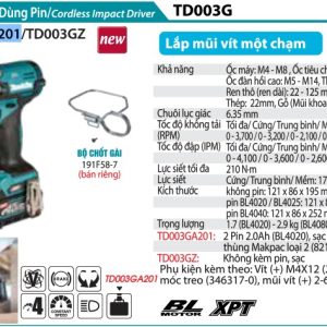 Makita TD003GA201 MÁY BẮT VÍT DÙNG PIN(BL)(40V MAX) kèm 02 pin 2.5 +  1 sạc