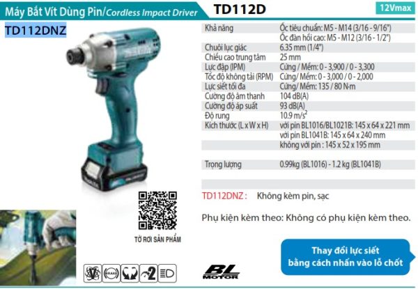 Makita TD112DNZ MÁY BẮT VÍT DÙNG PIN(NZ TYPE/BL)(12V MAX (không kèm pin sạc)