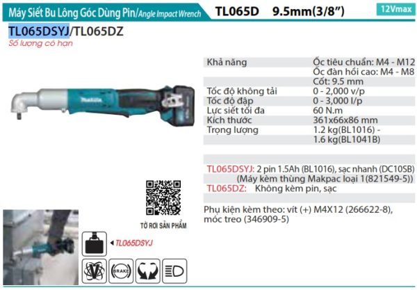 Makita TL065DSYJ MÁY SIẾT BU LÔNG GÓC DÙNG PIN(12V MAX) (kèm 01 pin + sạc)