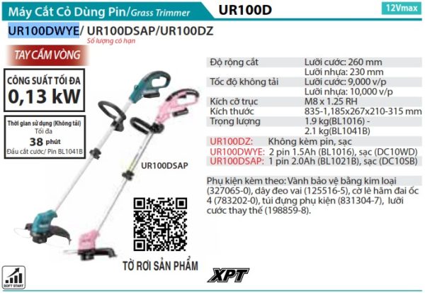 Makita UR100DWYE MÁY CẮT CỎ DÙNG PIN(12V MAX) (kèm 02 pin + 1 sạc)