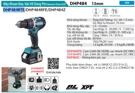 Makita DHP484RTE MÁY KHOAN BÚA, VẶN VÍT DÙNG PIN(BL)(18V) (kèm 02 pin 5.0 + sạc nhanh)