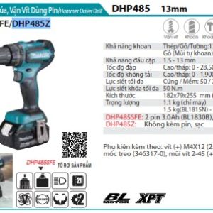 Makita DHP485Z MÁY KHOAN BÚA, VẶN VÍT DÙNG PIN(BL)(18V) (không kèm pin sạc)