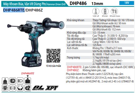 Makita DHP486RTE MÁY KHOAN BÚA VÀ VẶN VÍT DÙNG PIN(BL)(18 (kèm 02 pin 5.0 + sạc nhanh)