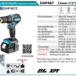 Makita DHP487RFJ MÁY KHOAN BÚA, VẶN VÍT DÙNG PIN(BL)(18V) (kèm 02 pin 3.0 + sạc nhanh)