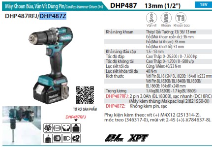 Makita DHP487Z MÁY KHOAN BÚA, VẶN VÍT DÙNG PIN(BL)(18V) (không kèm pin sạc)