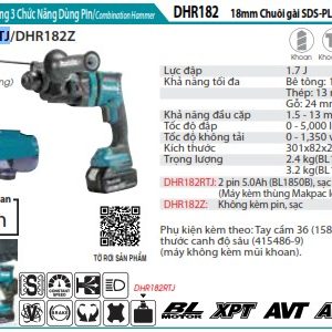 Makita DHR182RTJ MÁY KHOAN BÊ TÔNG 3 CHỨC NĂNG DÙNG PIN (kèm 02 pin 5.0 + sạc nhanh)