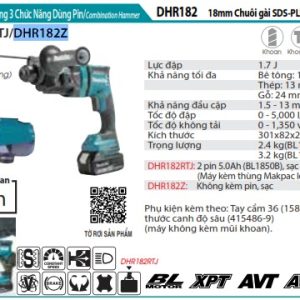 Makita DHR182Z MÁY KHOAN BÊ TÔNG 3 CHỨC NĂNG DÙNG PIN (không kèm pin sạc)