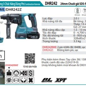 Makita DHR242RME MÁY KHOAN BÊ TÔNG 3 CHỨC NĂNG DÙNG PIN (kèm 02 pin 4.0Ah + sạc nhanh)