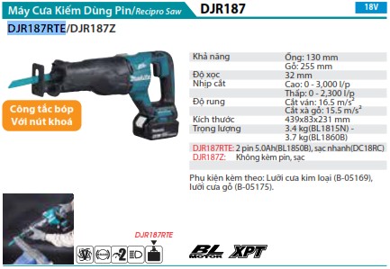 Makita DJR187RTE MÁY CƯA KIẾM DÙNG PIN(BL)(18V) (kèm 02 pin 5.0 + sạc nhanh)