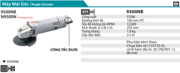 Makita 9500NB MÁY MÀI GÓC(100MM/570W/CÔNG TẮC ĐUÔI)