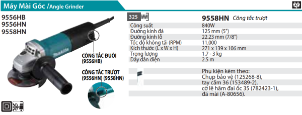 Makita 9558HN MÁY MÀI GÓC(125MM/840W/CÔNG TẮC TRƯỢT)