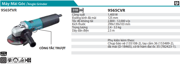 Makita 9565CVR MÁY MÀI GÓC(125MM/1400W/CÔNG TẮC TRƯỢT)