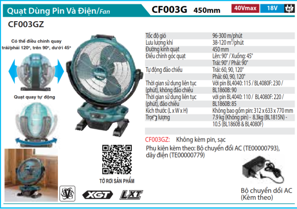 Makita CF003GZ QUẠT DÙNG ĐIỆN VÀ PIN(450MM/40V MAX/18V/AC) (chưa kèm pin sạc)